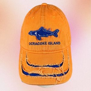 Distressed Ocracoke Shark Patch Baseball Hat Cap Orange Blue with Metal Buckle